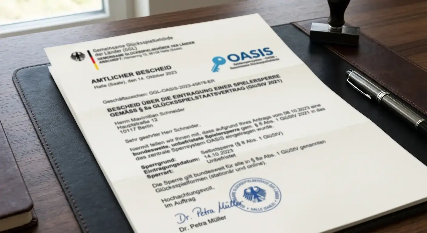 Offizielles Behördendokument mit OASIS-Logo und Glücksspielstaatsvertrag-Referenz