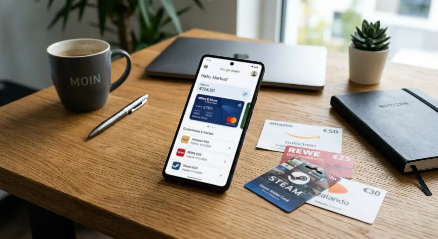 Smartphone mit digitaler Wallet-App und Prepaid-Gutscheinen auf Schreibtisch