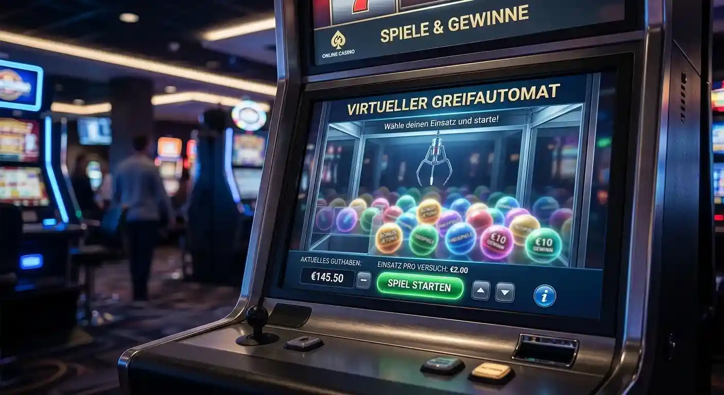 Virtueller Greifautomat in einem Online-Casino mit leuchtenden Preiskapseln