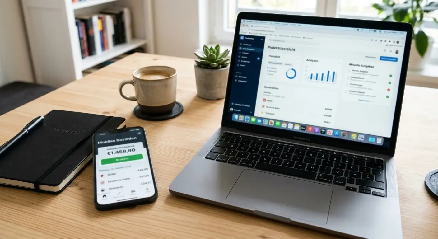 Smartphone mit Zahlungs-App neben Laptop auf modernem Schreibtisch