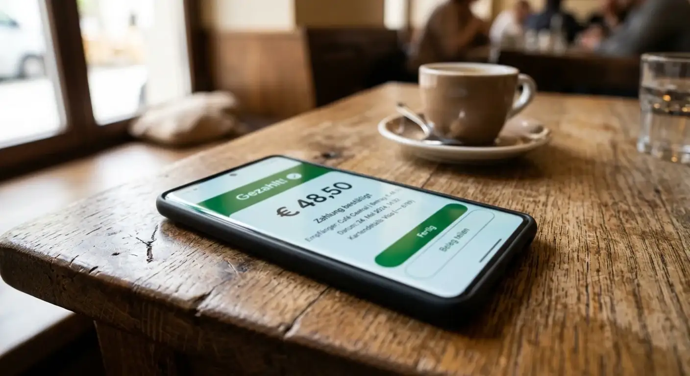 Smartphone mit mobilem Zahlungsinterface auf Holztisch, Euro-Symbol und Transaktionsbestätigung auf Display