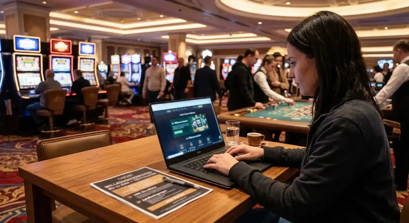 Neutrale Casinoszene mit Laptop und Bonusunterlagen