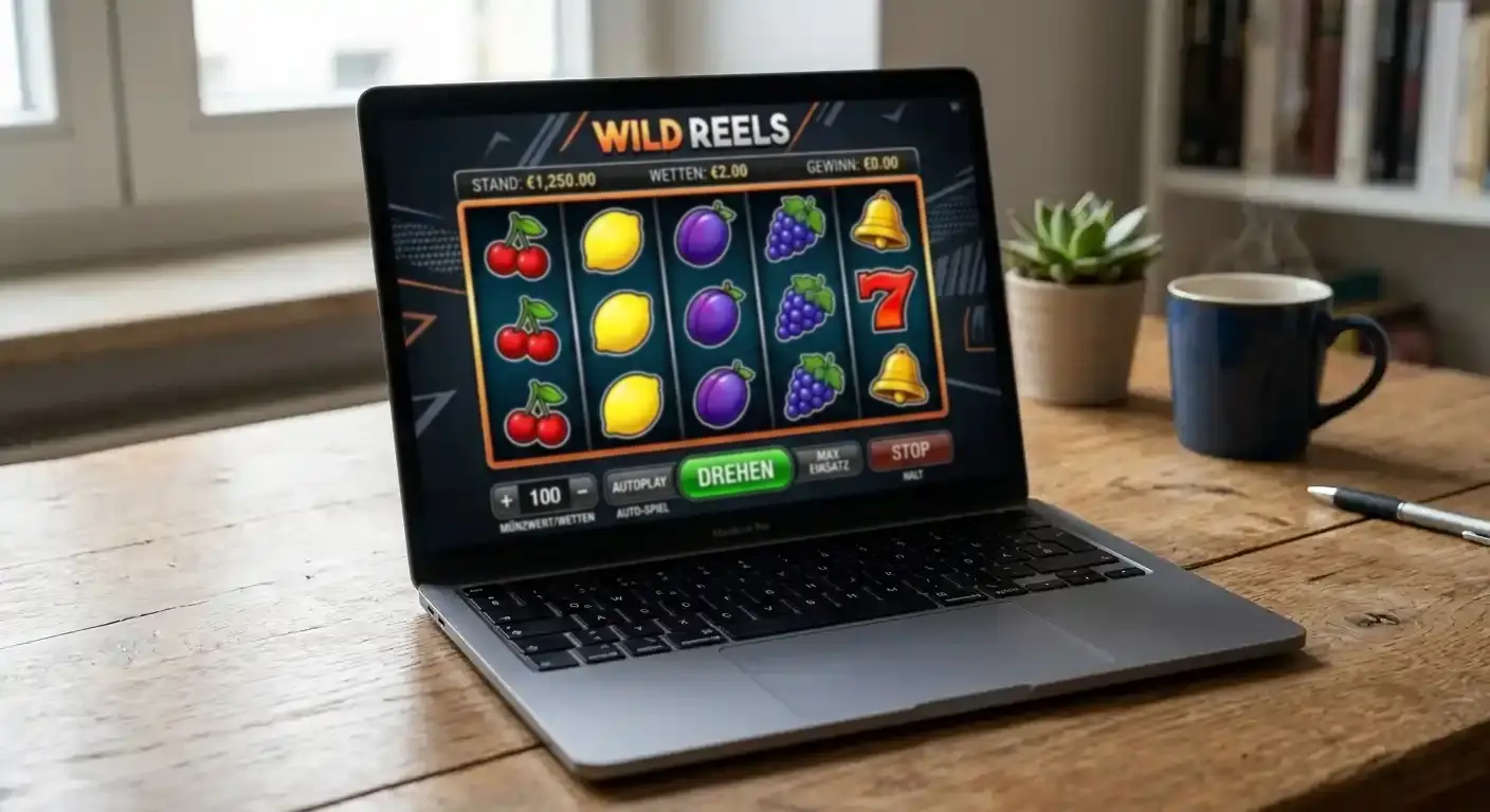 Laptop mit neutraler Kassenoberfläche eines Online-Spielautomaten und generischen Walzensymbolen