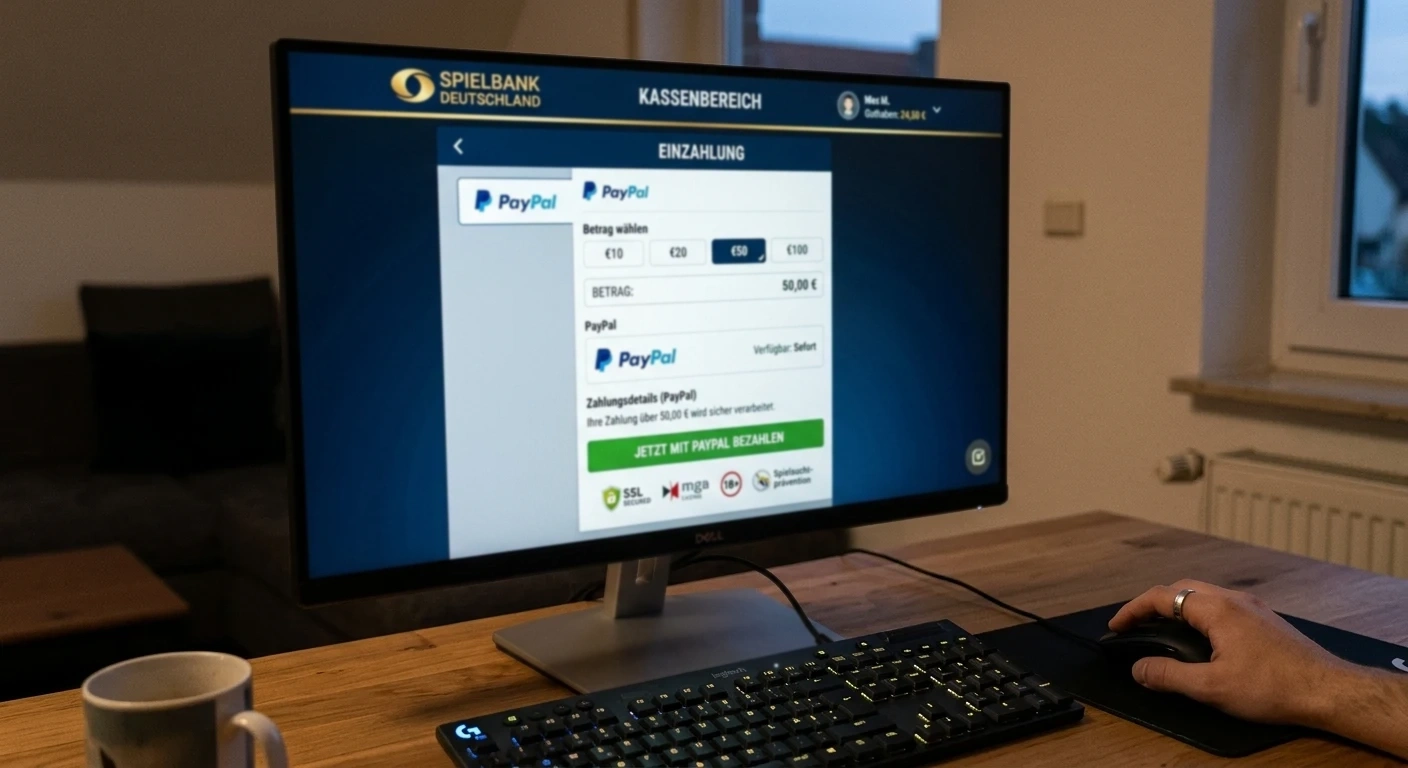 Einzahlung mit PayPal im Kassenbereich einer deutschen Online-Spielothek