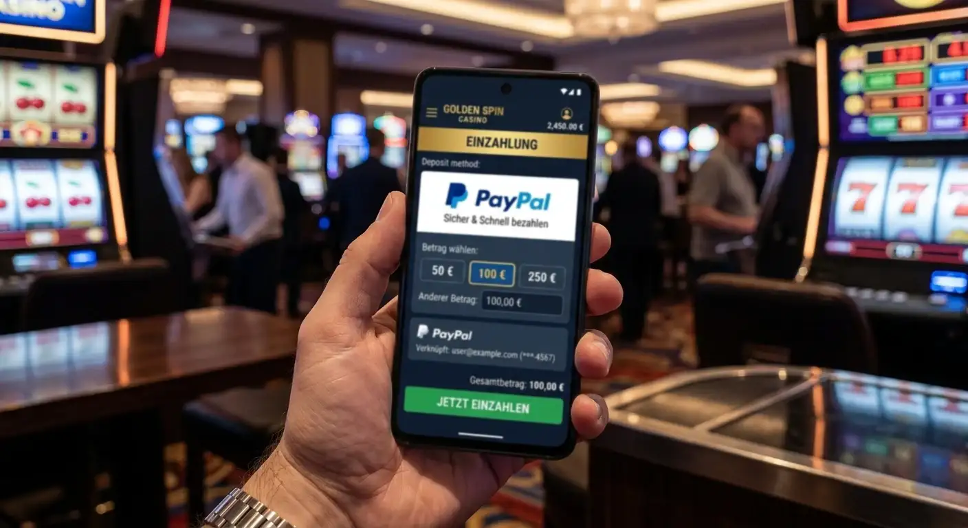 PayPal-Logo auf Smartphone mit Casino-Einzahlungsbildschirm im Hintergrund