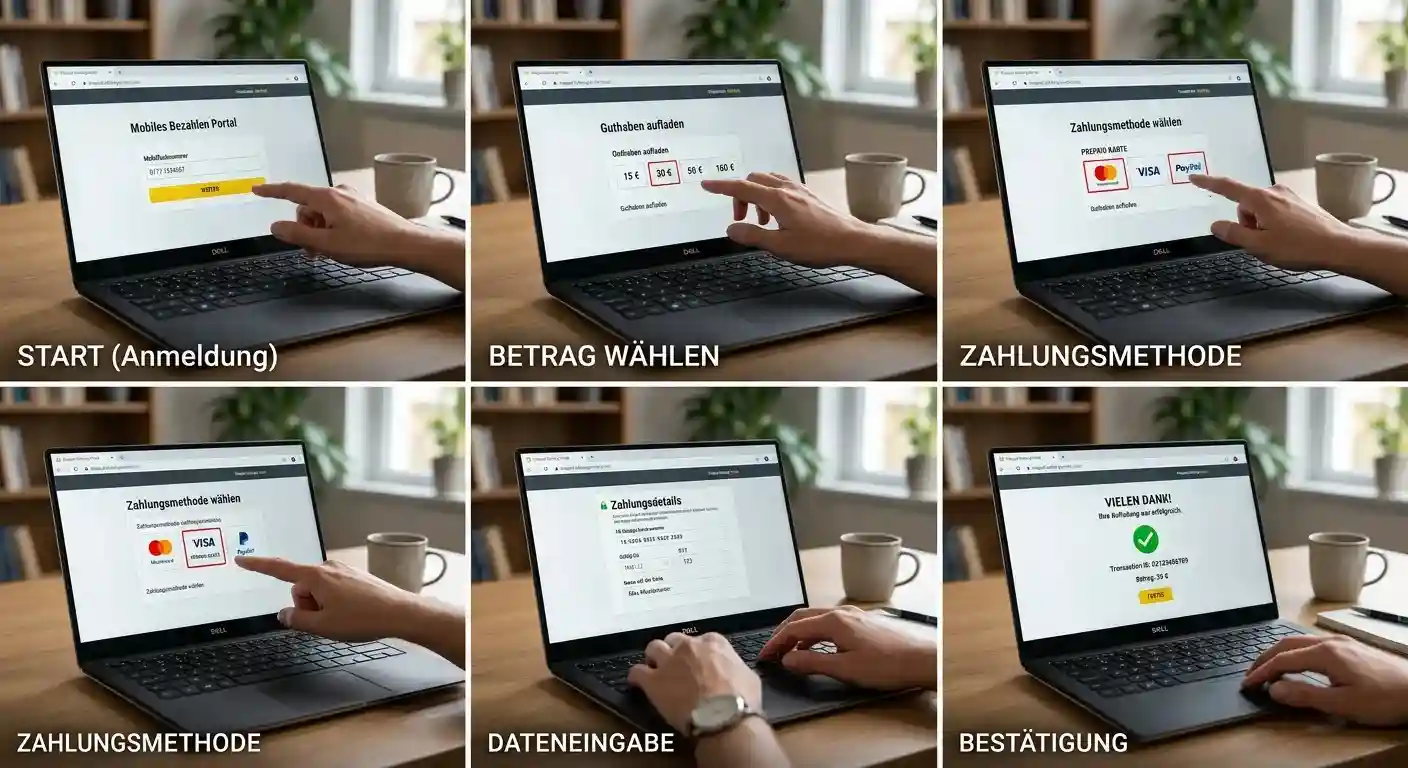 Schritte einer Prepaid-Zahlung an einem neutralen Laptop