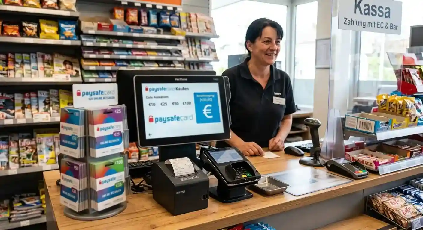 Kioskkasse mit ausgelegten Prepaid-Gutscheinkarten und Eurosymbol als Kaufstelle für paysafecard-Codes