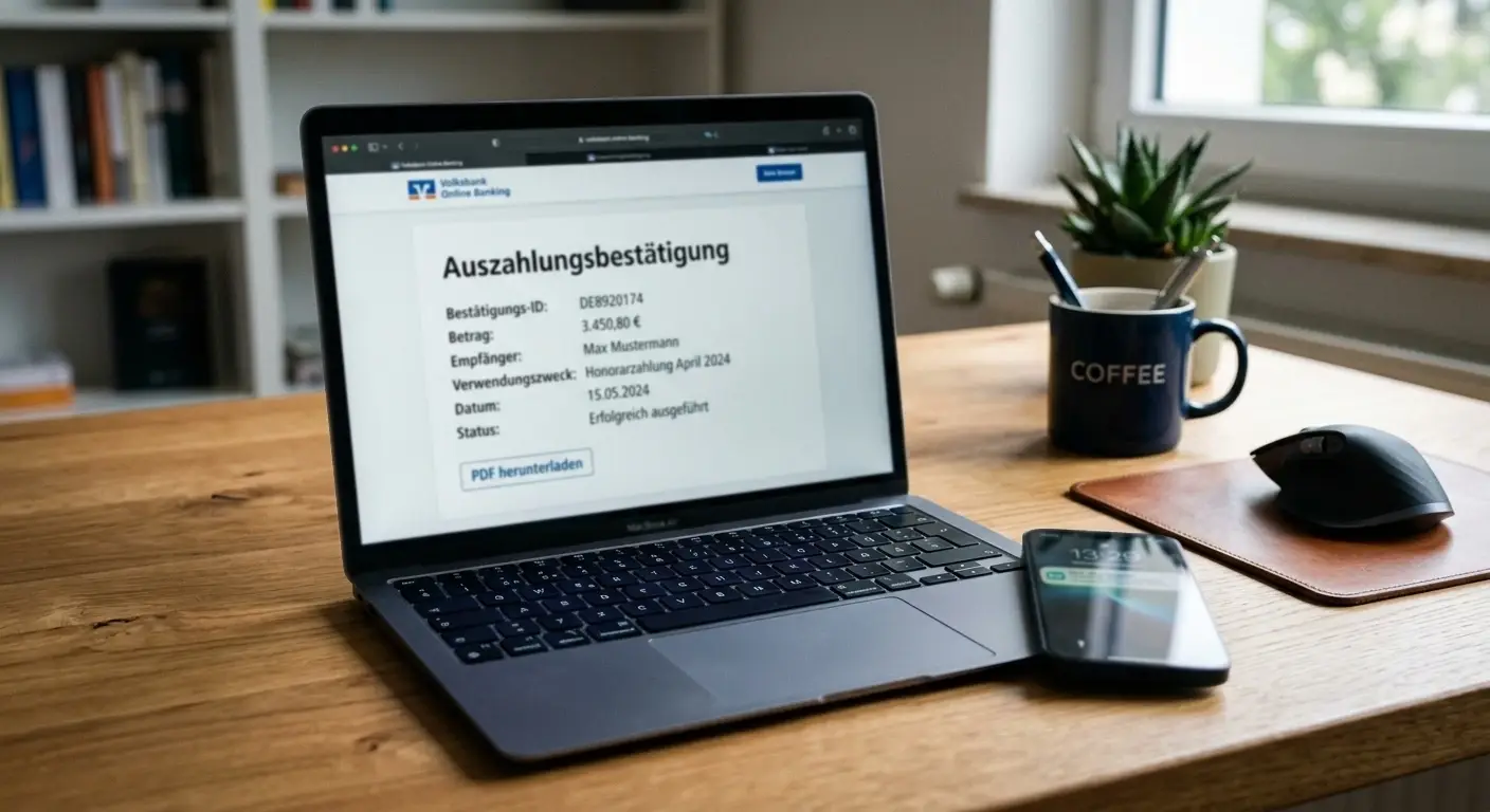 Laptop auf Schreibtisch mit Auszahlungsbestätigung und Smartphone-Benachrichtigung
