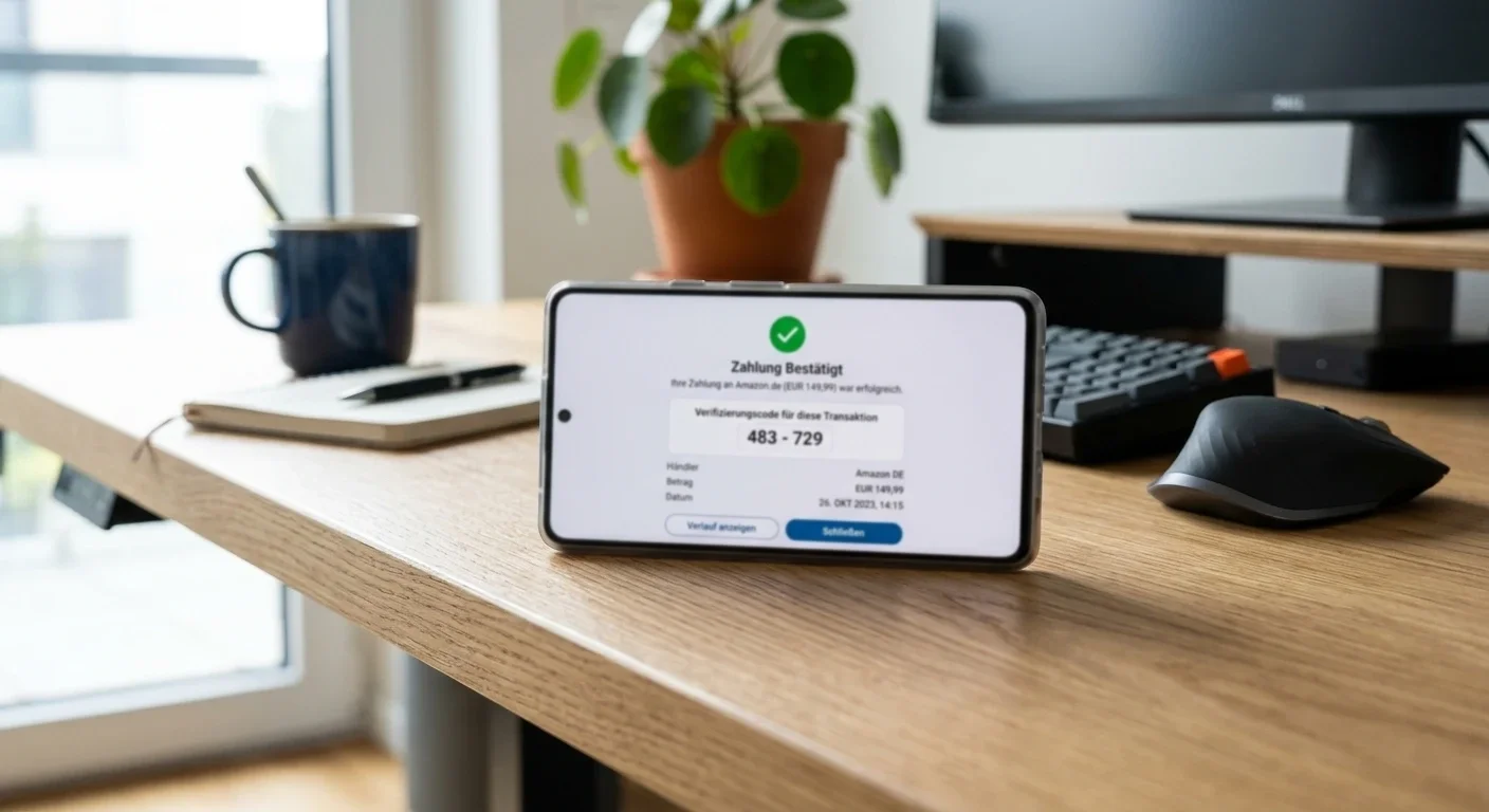 Smartphone mit Zahlungsbestätigung und Verifizierungscode auf modernem Schreibtisch