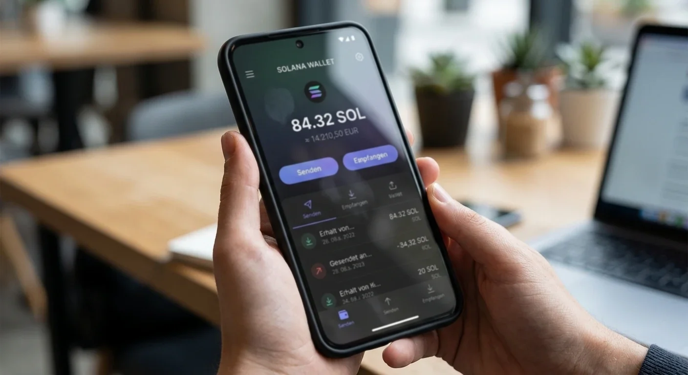 Smartphone mit Krypto-Wallet-App und Solana-Interface