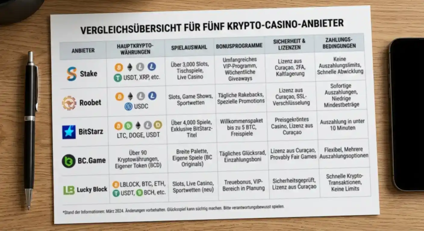 Vergleichsübersicht von fünf Krypto-Casino-Anbietern auf einem neutralen Dokument