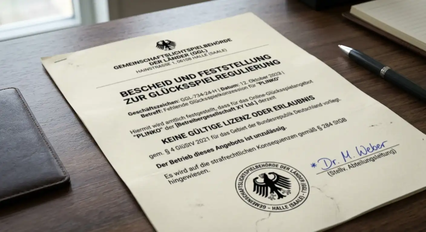 Offizielles Dokument mit Behördenstempel – Symbol für GGL-Regulierung und fehlende Plinko-Lizenz in Deutschland