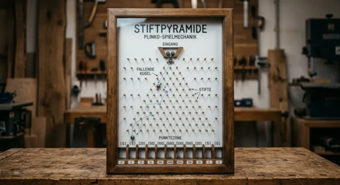 Stiftpyramide mit fallender Kugel – schematische Darstellung der Plinko-Spielmechanik