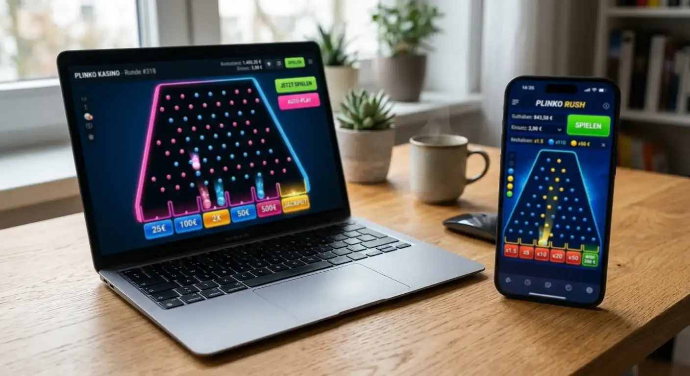 Plinko-Spielvarianten auf verschiedenen Geräten – Laptop und Smartphone nebeneinander