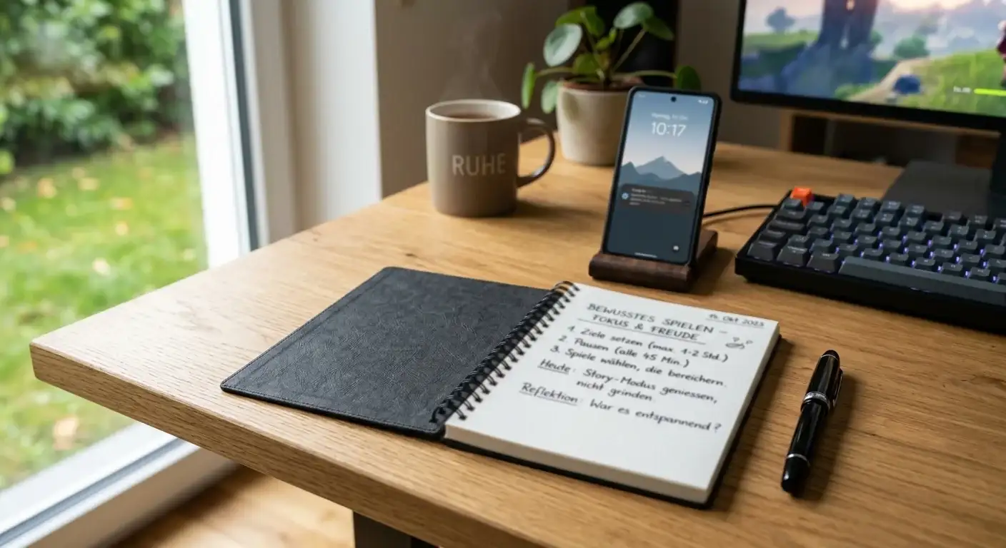 Ruhiger Schreibtisch mit Notizbuch, Stift und Smartphone – Symbol für bewusstes Spielen