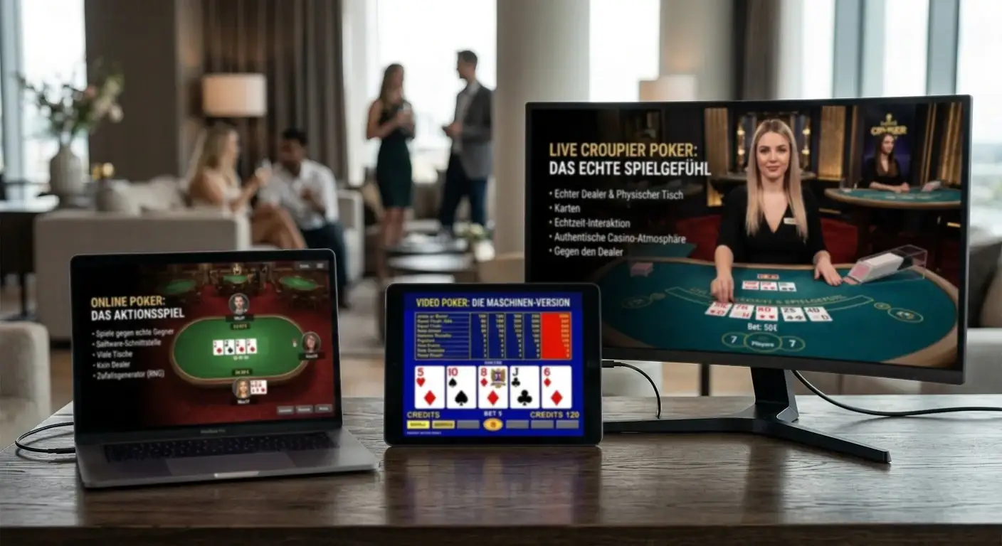 Schematische Gegenüberstellung von Online-Poker, Video Poker und Live-Croupier Poker