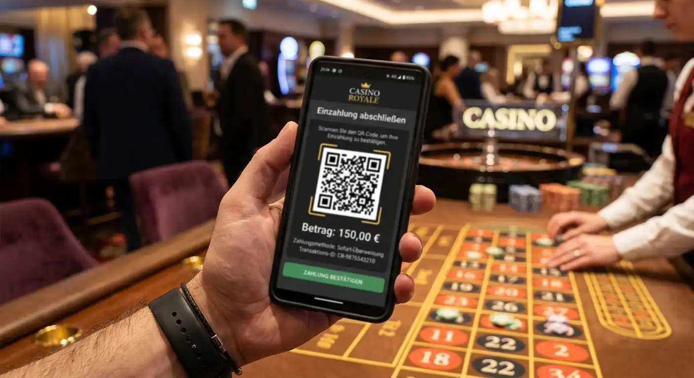 Smartphone mit QR-Code-Freigabe für eine Casino-Einzahlung