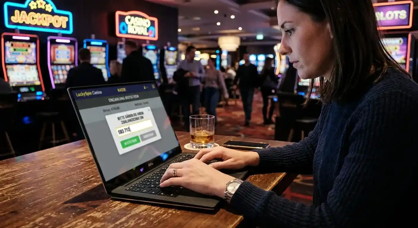 Person am Laptop gibt Zahlungscode im Casino-Interface ein