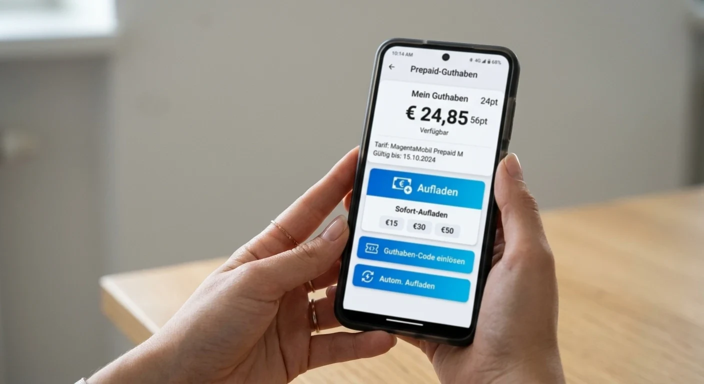 Smartphone-Display zeigt Prepaid-Guthaben-Interface mit numerischer Anzeige und Aufladeoptionen, Hände halten das Gerät vor neutralem Hintergrund
