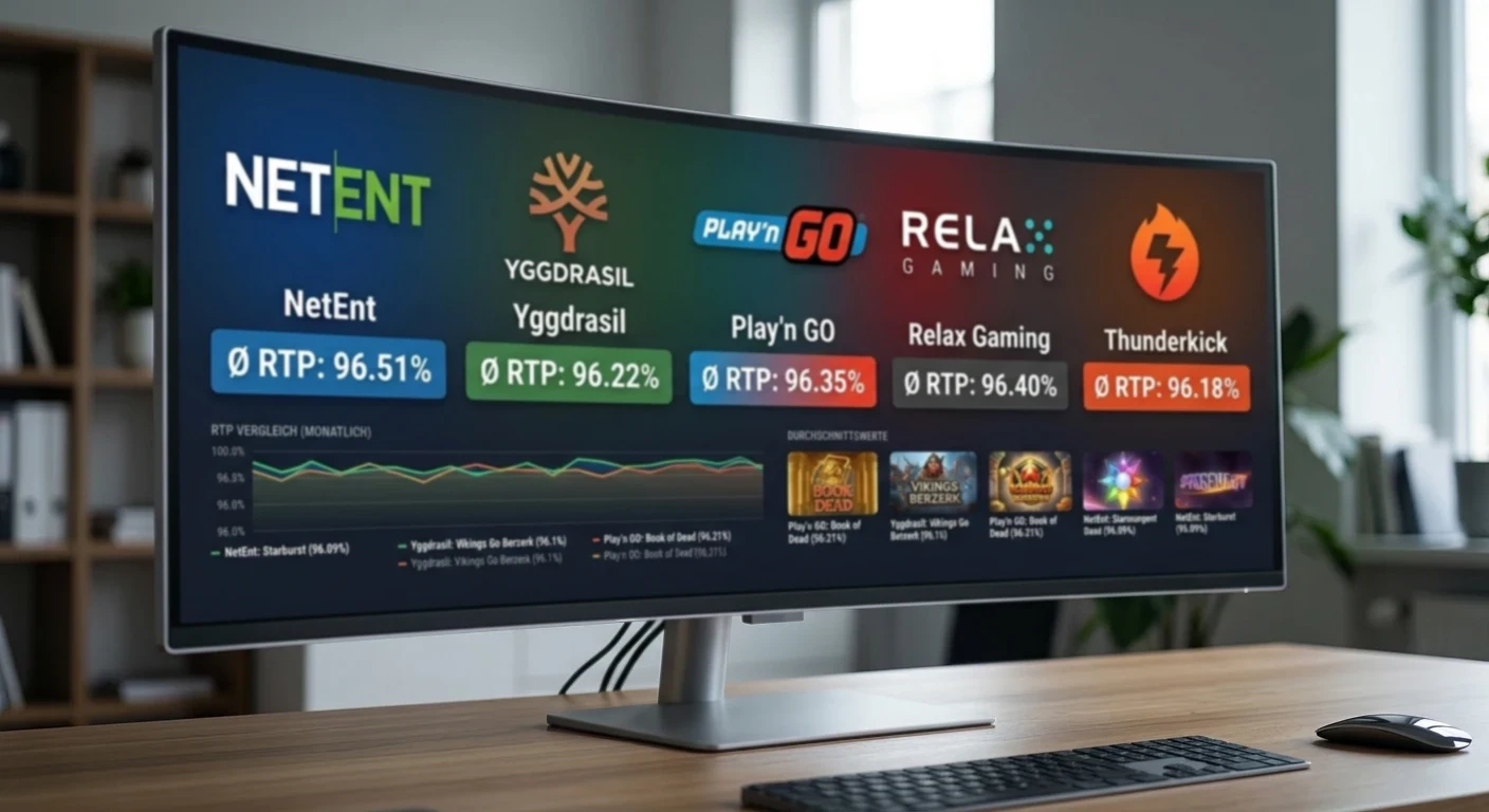Logos von NetEnt, Yggdrasil, Play'n GO, Relax Gaming und Thunderkick mit RTP-Durchschnittswerten