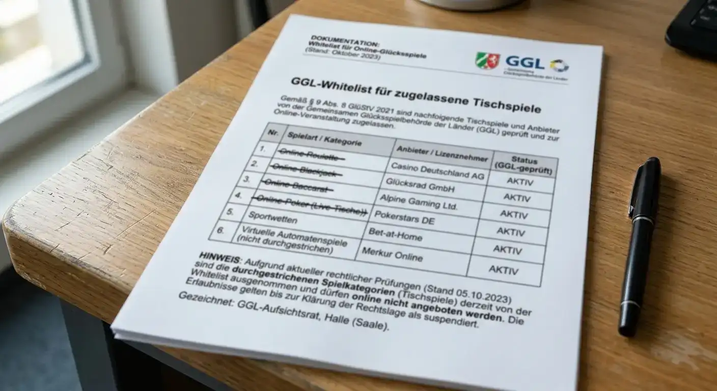 Dokument mit GGL-Whitelist und durchgestrichenen Tischspielen