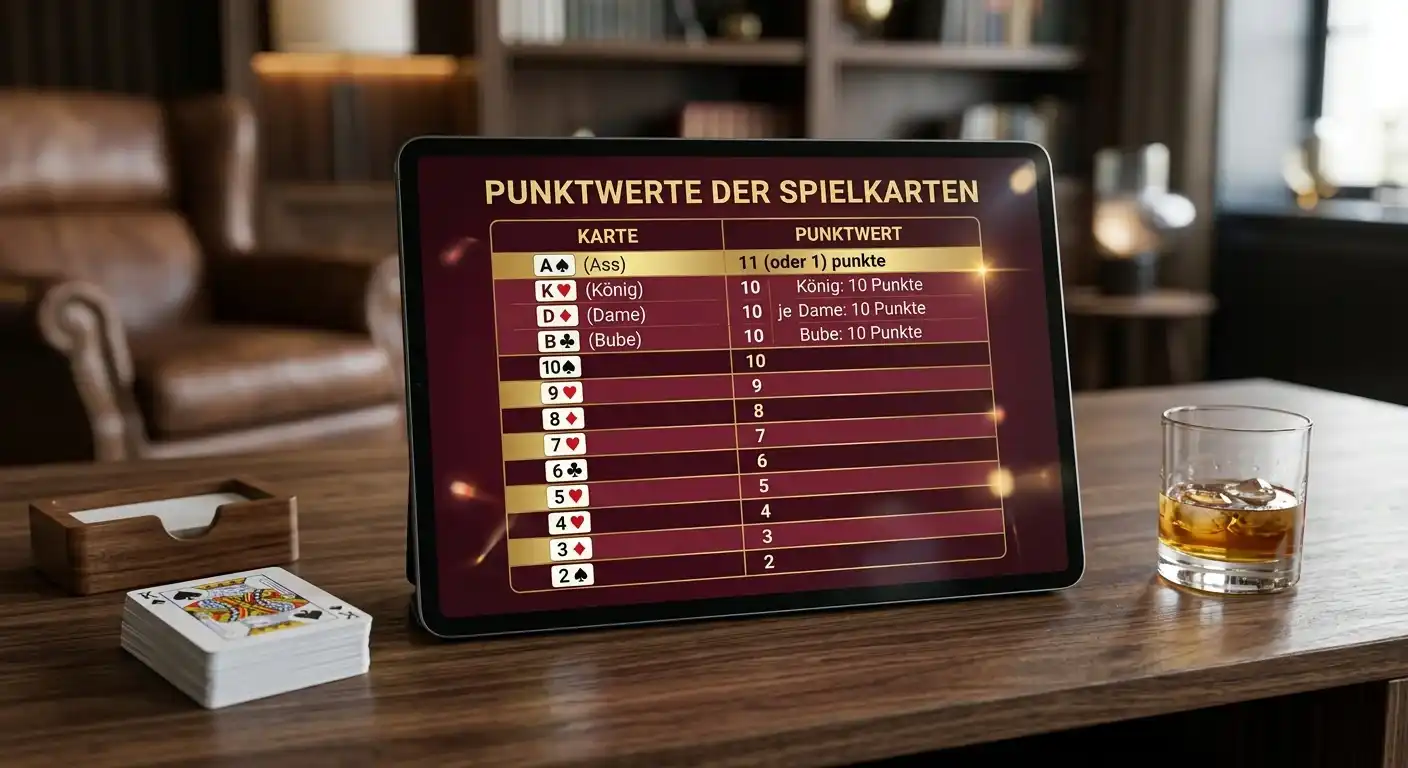 Kartenwerte-Diagramm mit Ass bis König und ihren Punktwerten
