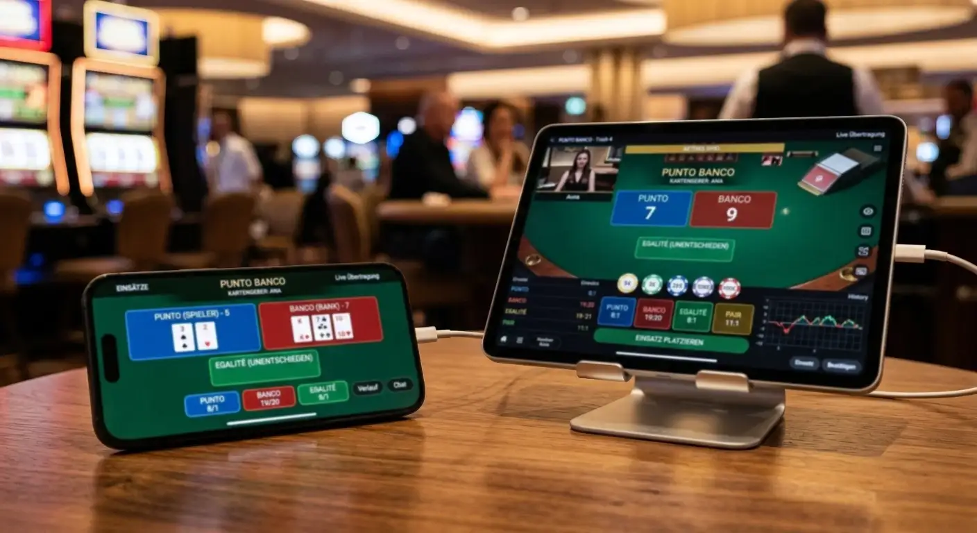 Smartphone und Tablet mit laufenden Punto-Banco-Tischen