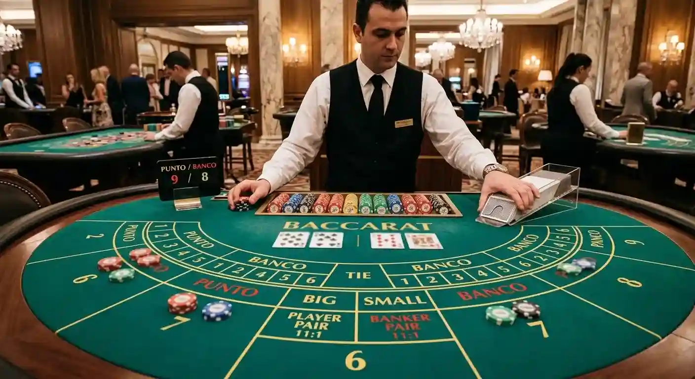 Baccarat-Tisch mit Punto- und Banco-Feldern in neutralem Casino-Ambiente
