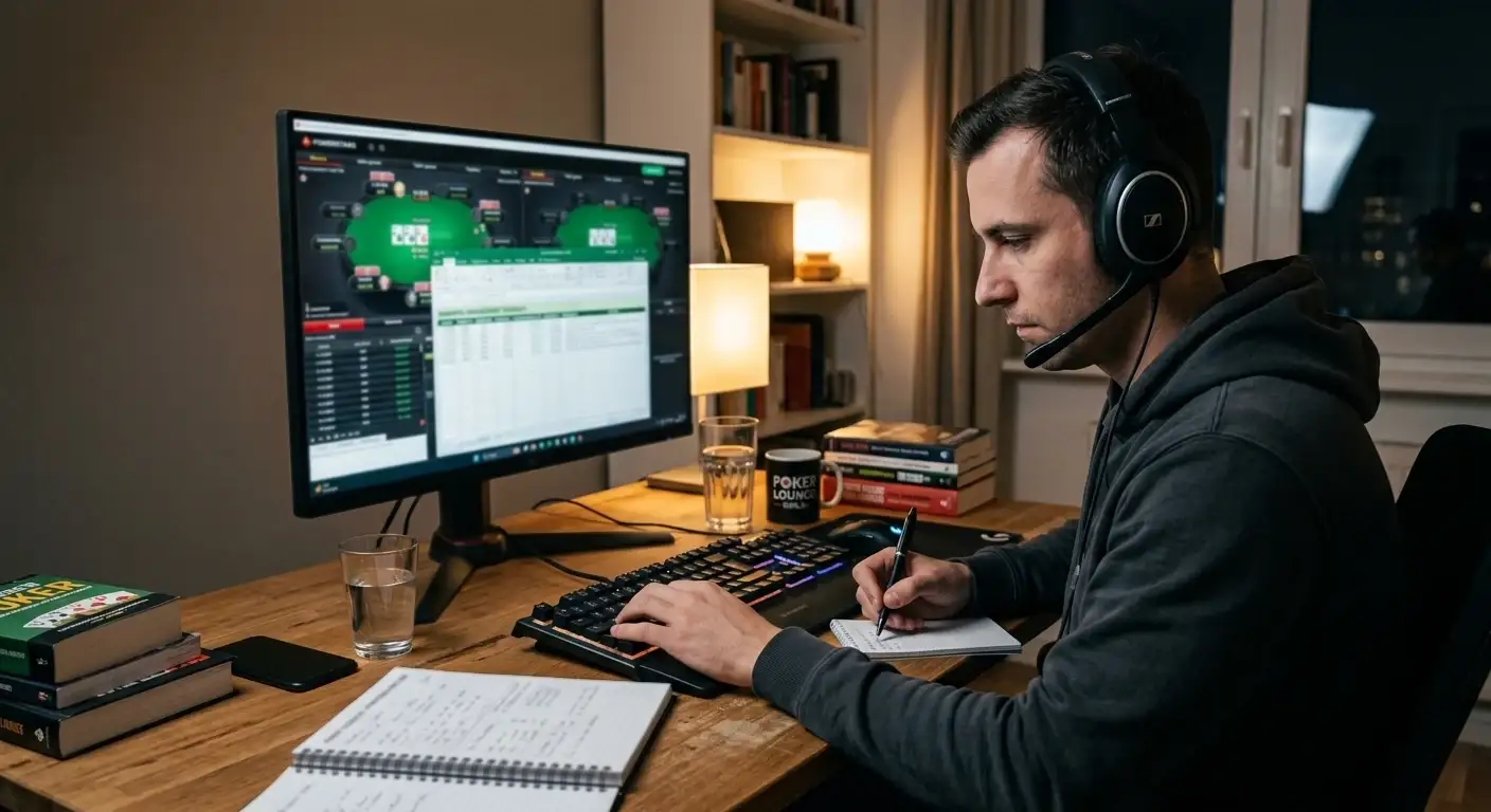 Spieler am Schreibtisch mit Notizbuch und Bankroll-Management-Tabelle