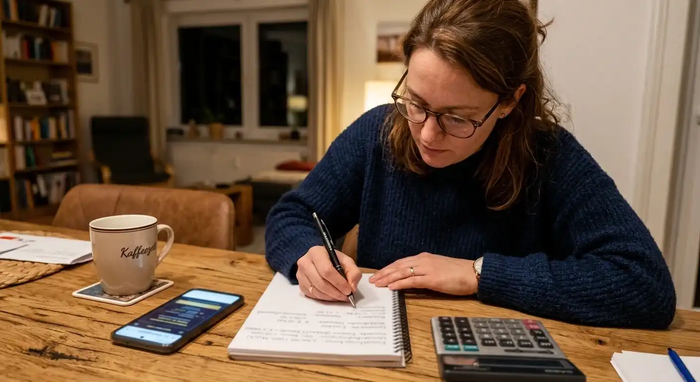Person berechnet den Restwert eines Einzahlungsbonus mit Stift und Notizblock