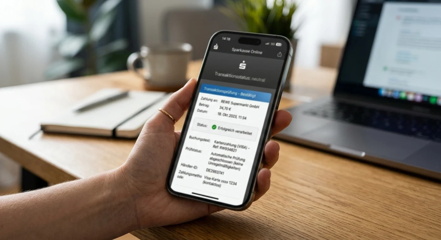 Smartphone mit neutralem Zahlungsstatus und dokumentierter Transaktionsprüfung