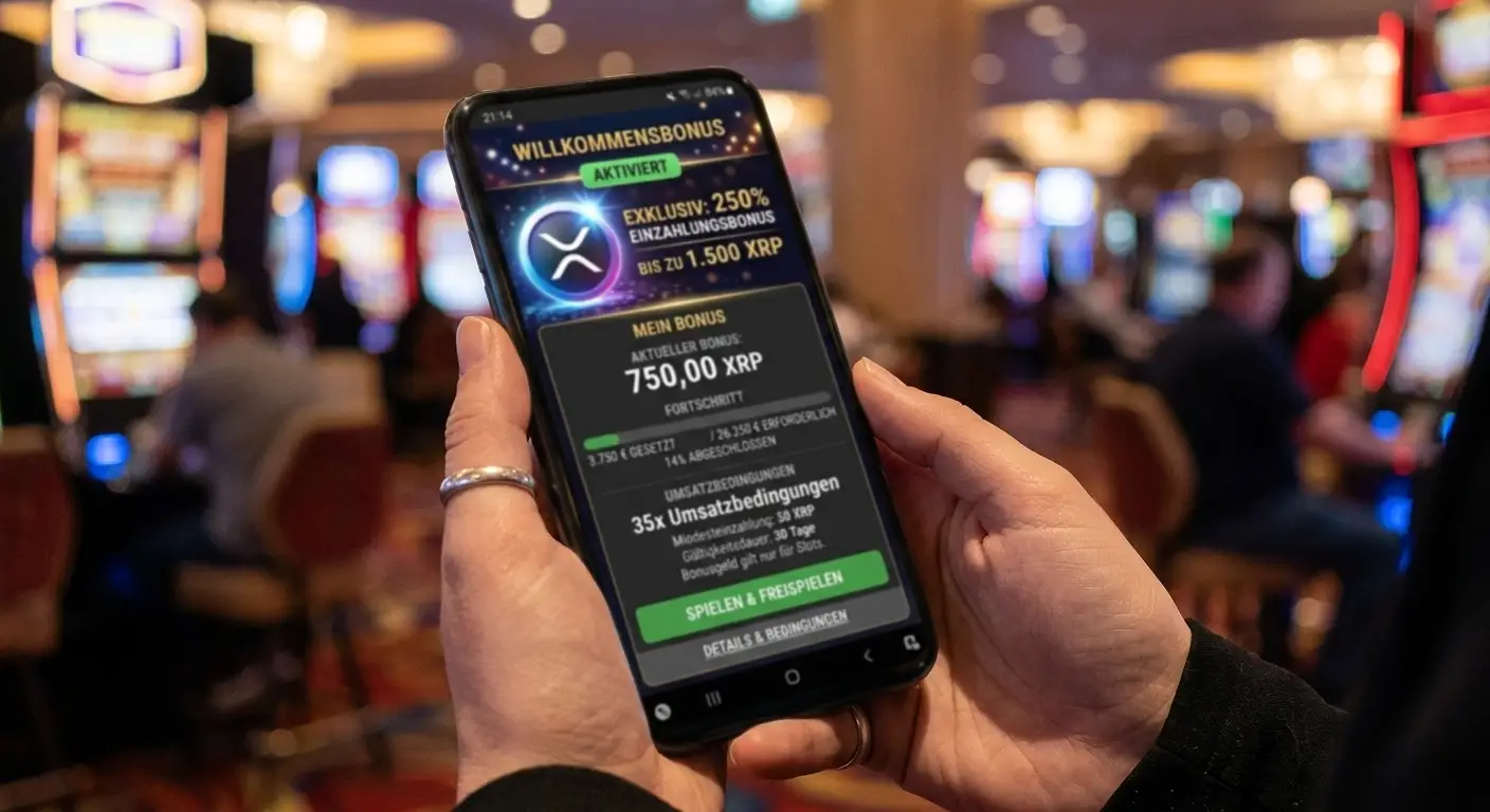 Smartphone zeigt Casino-Bonus-Interface mit XRP-Symbol und Umsatzbedingungen