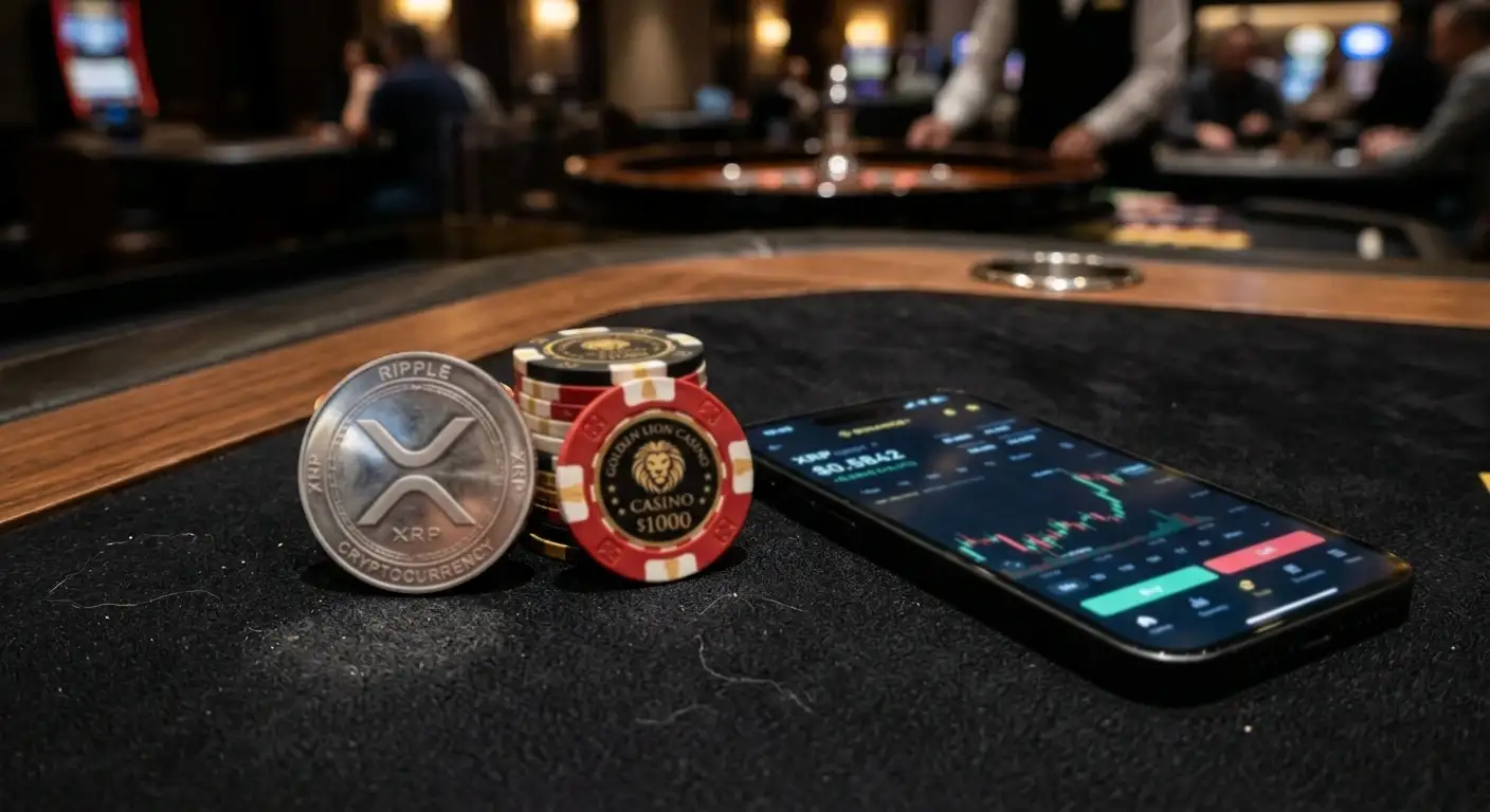 Ripple XRP-Münze neben Casino-Chips mit Smartphone auf dunklem Hintergrund