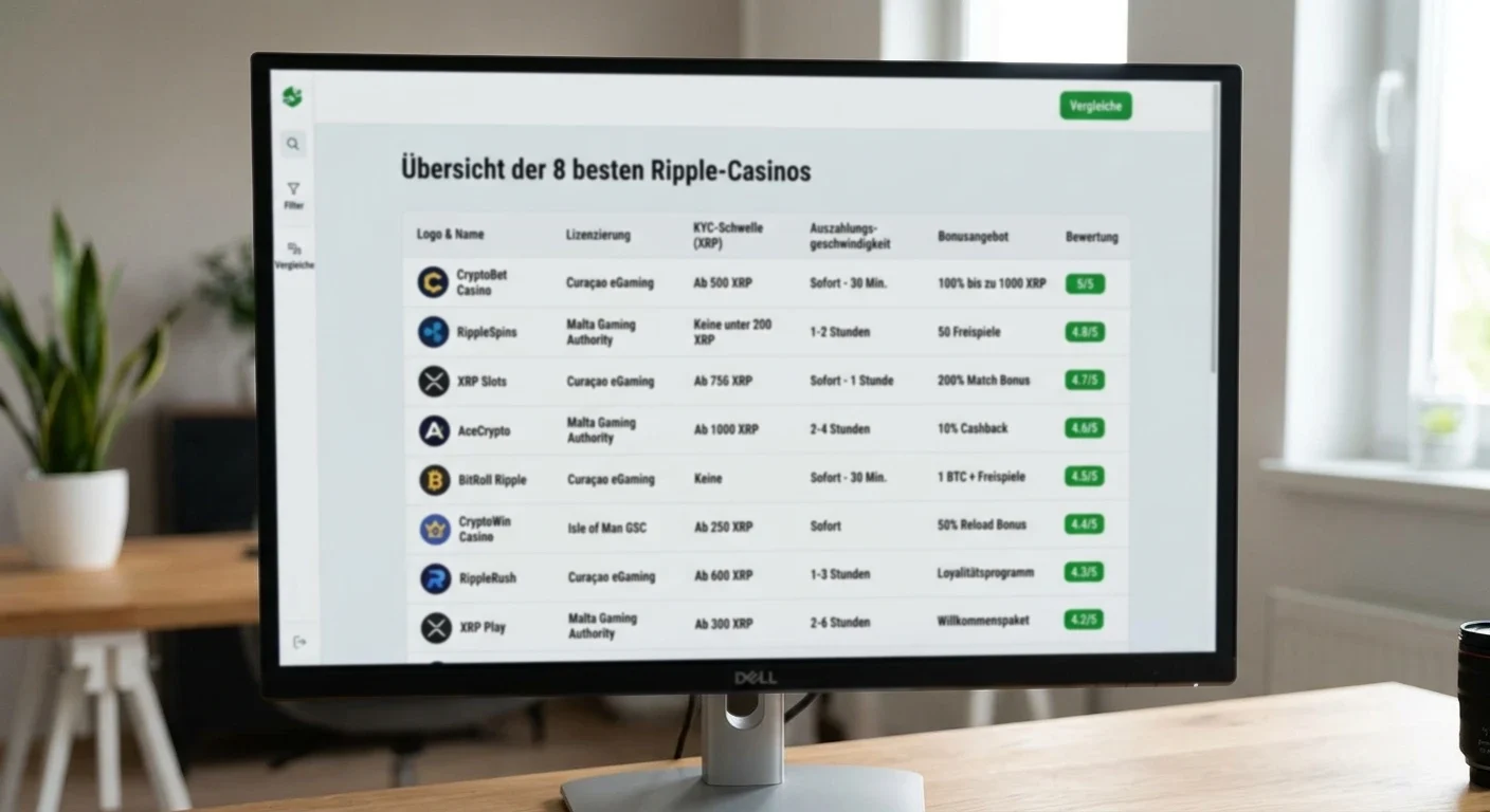 Übersicht von 8 Ripple-Casinos mit Lizenzen KYC-Schwellen und Auszahlungsgeschwindigkeit
