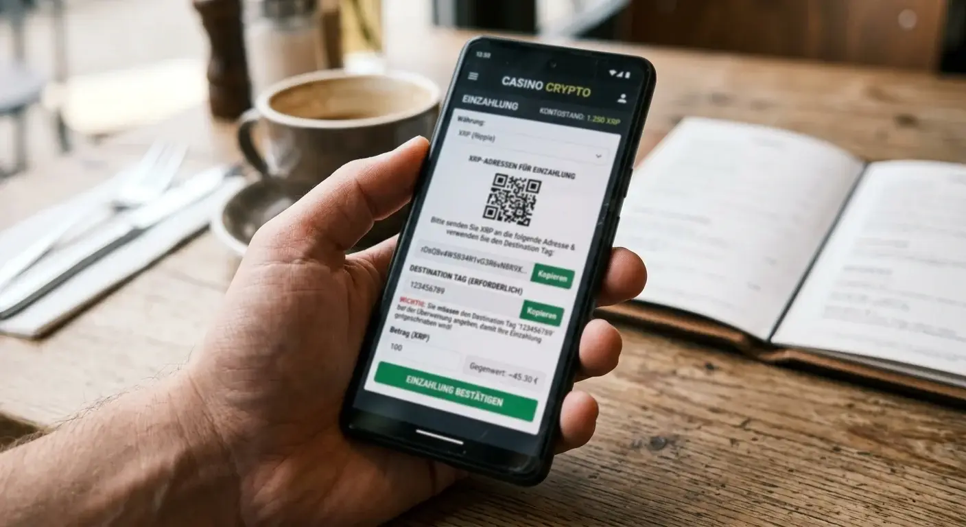 Smartphone mit XRP-Wallet und Casino-Einzahlungsbildschirm mit Destination Tag