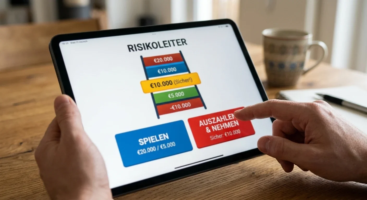 Tablet mit Risikoleiter-Interface und Finger über Entscheidungsbutton