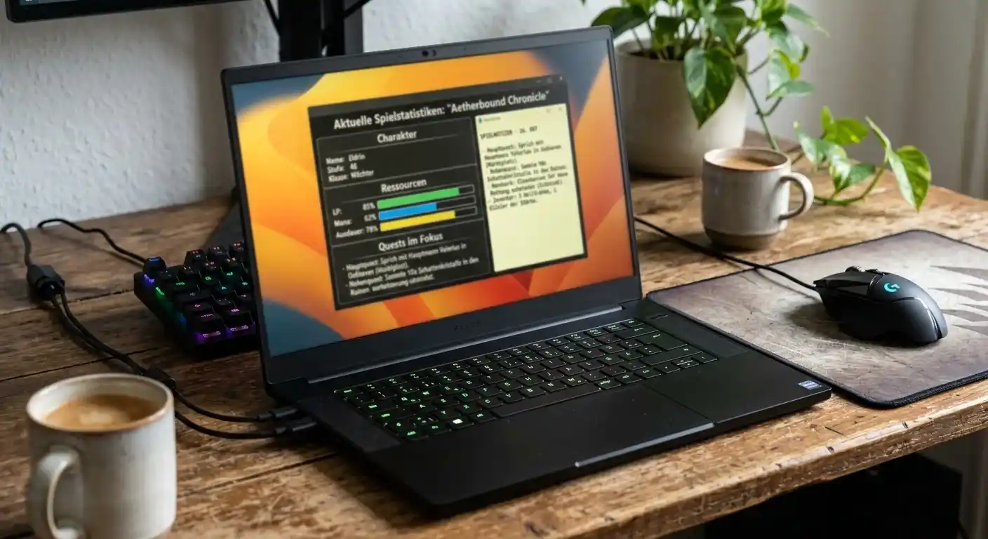 Laptop-Bildschirm mit einem neutralen Spielinfo-Panel, abstrakten Prozentbalken und einem Notizblock