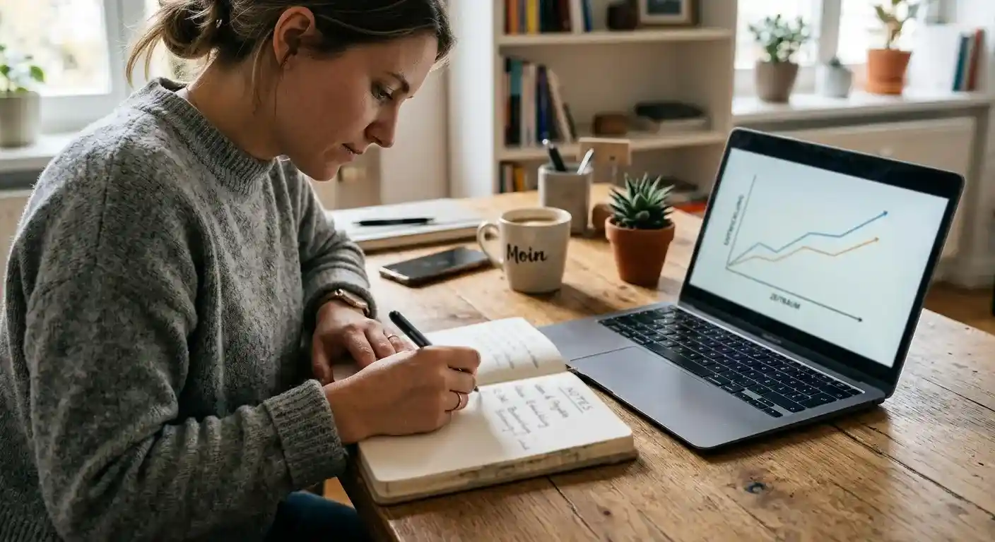 Person schreibt in ein Notizbuch, daneben ein Laptop mit einem schlichten Liniendiagramm ohne Zahlen