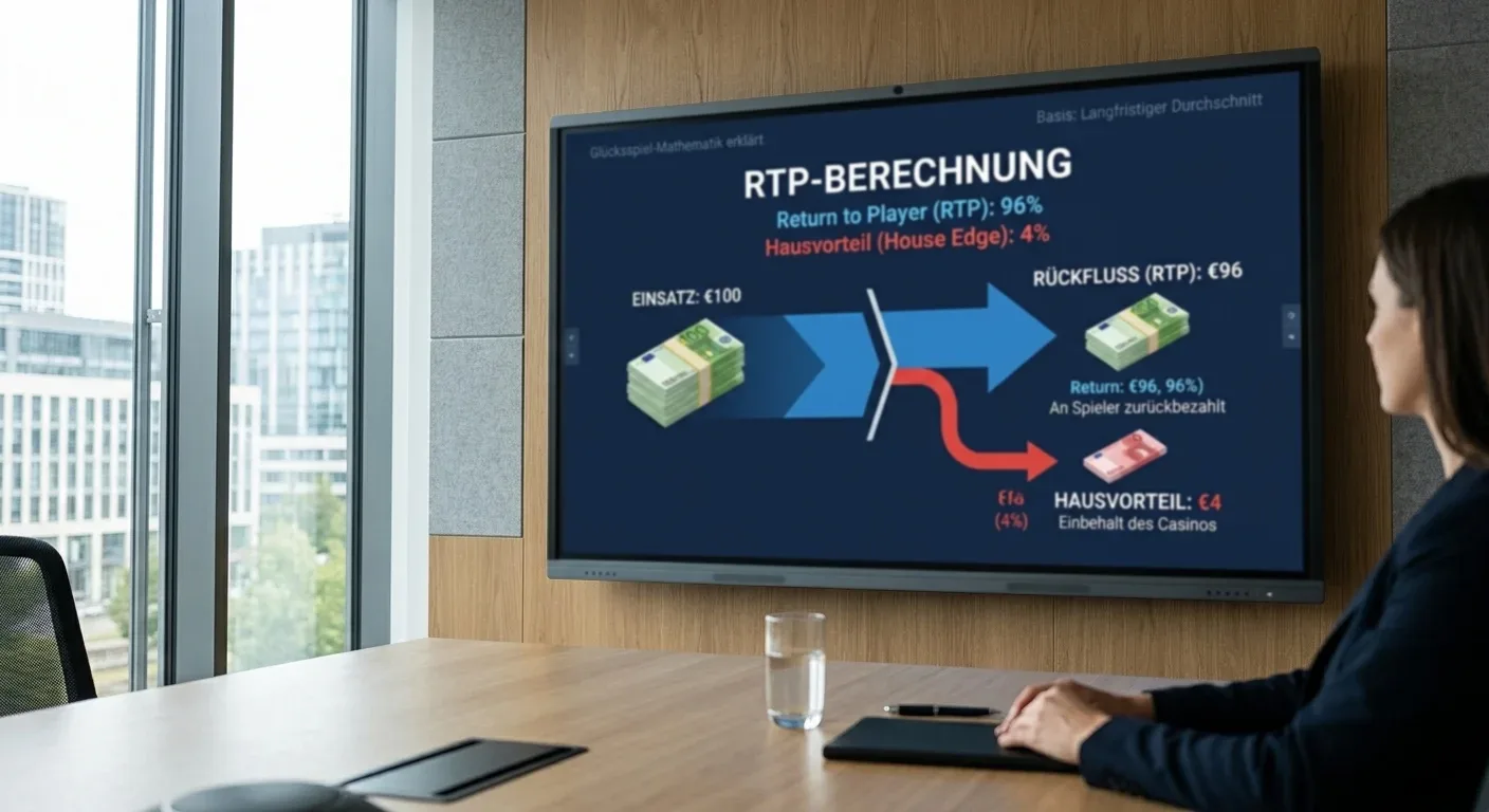 Diagramm zur RTP-Berechnung: 100 Euro Einsatz führen zu 96 Euro Rückfluss, 4 Euro Hausvorteil