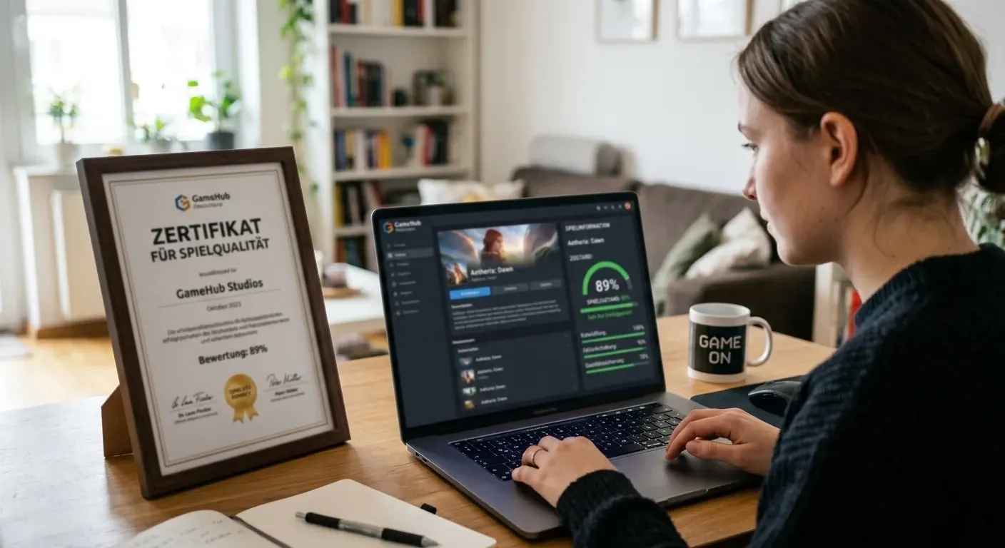 Person betrachtet am Laptop ein Spielinfo-Panel mit einer Prozentangabe neben einem gedruckten Zertifikat