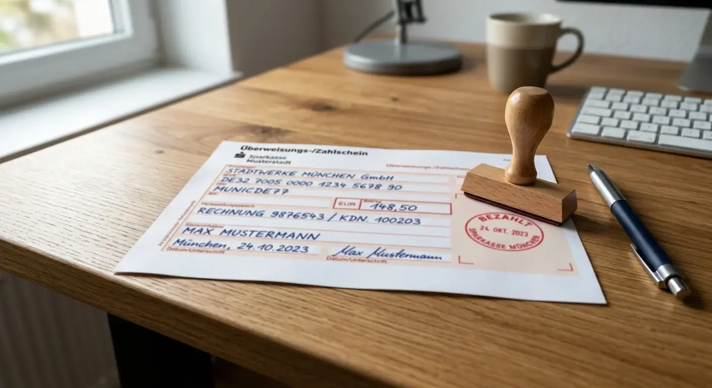Banküberweisungsformular auf einem Schreibtisch mit Stempel