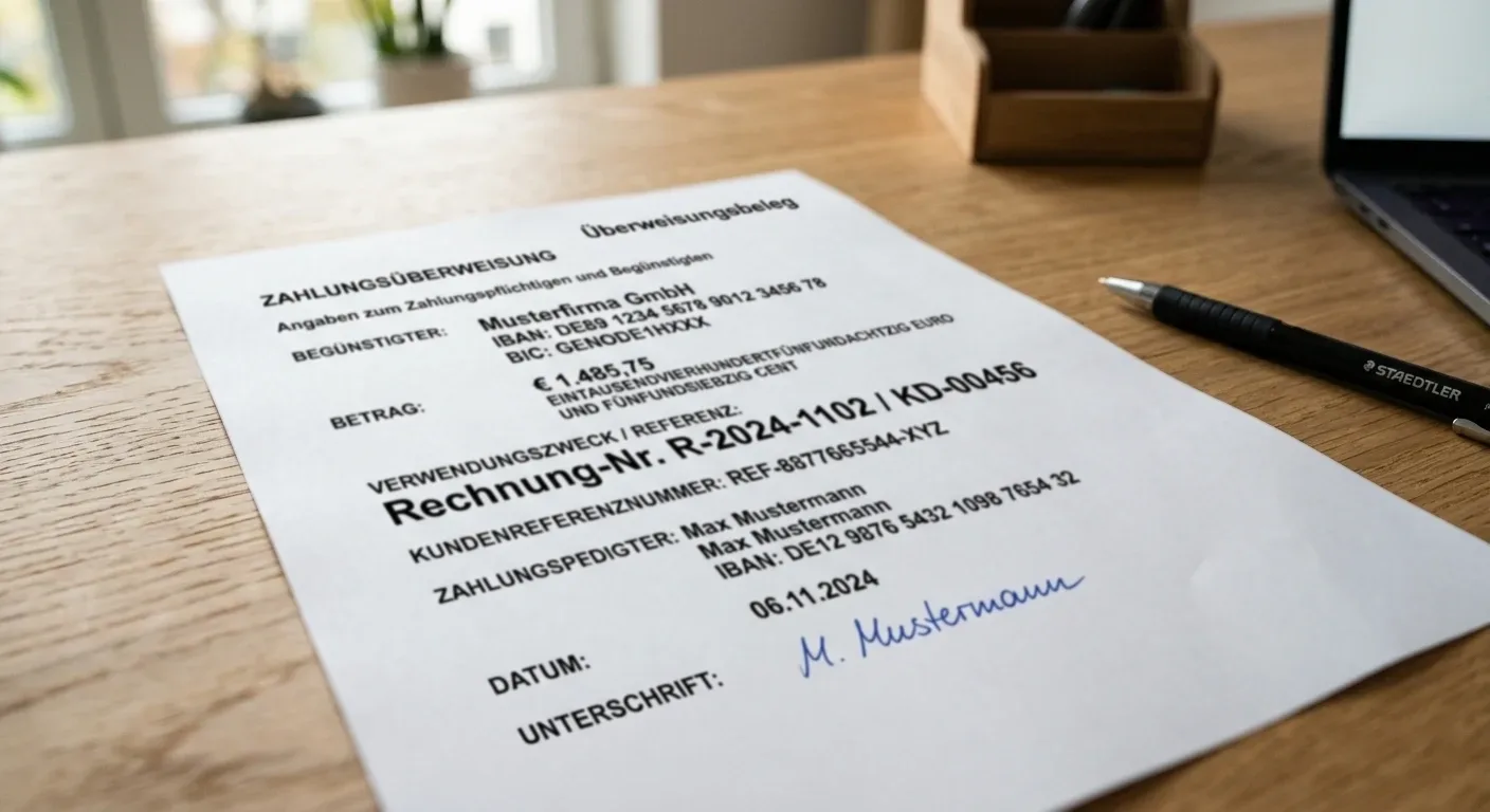 Überweisungsdaten und Referenznummer auf einem neutralen Dokument