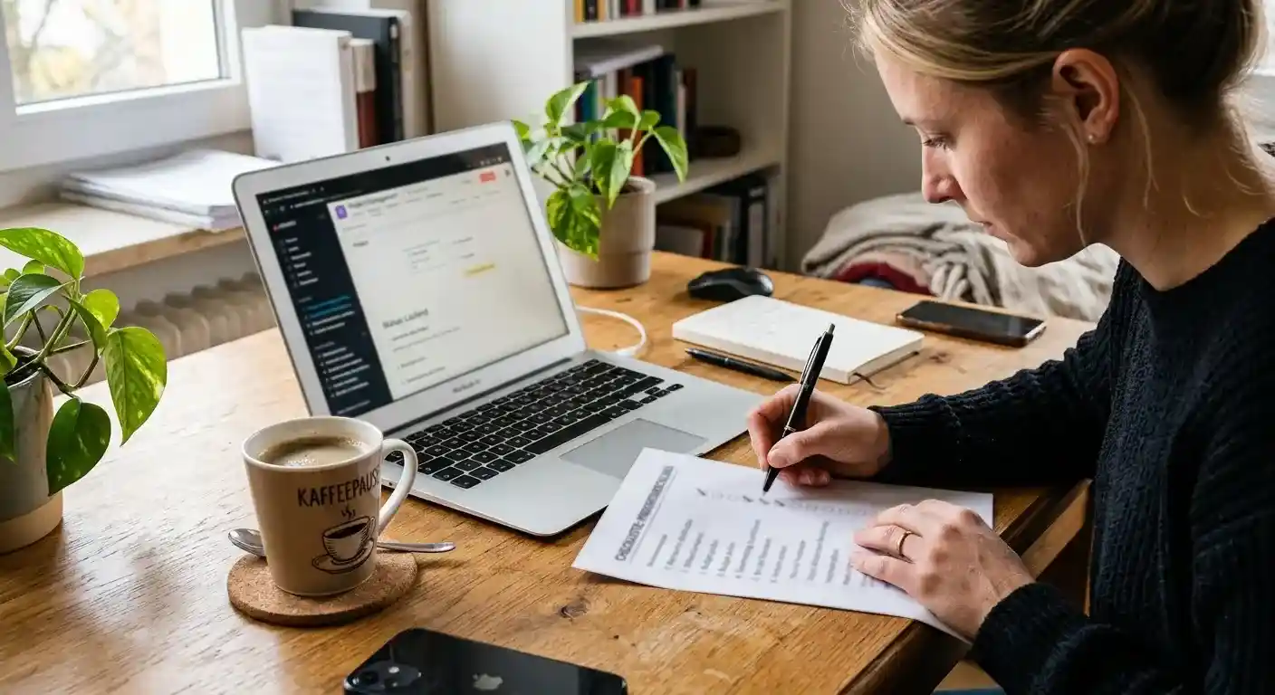 Person prüft mit einem Stift eine gedruckte Checkliste, daneben Laptop und eine Tasse Kaffee