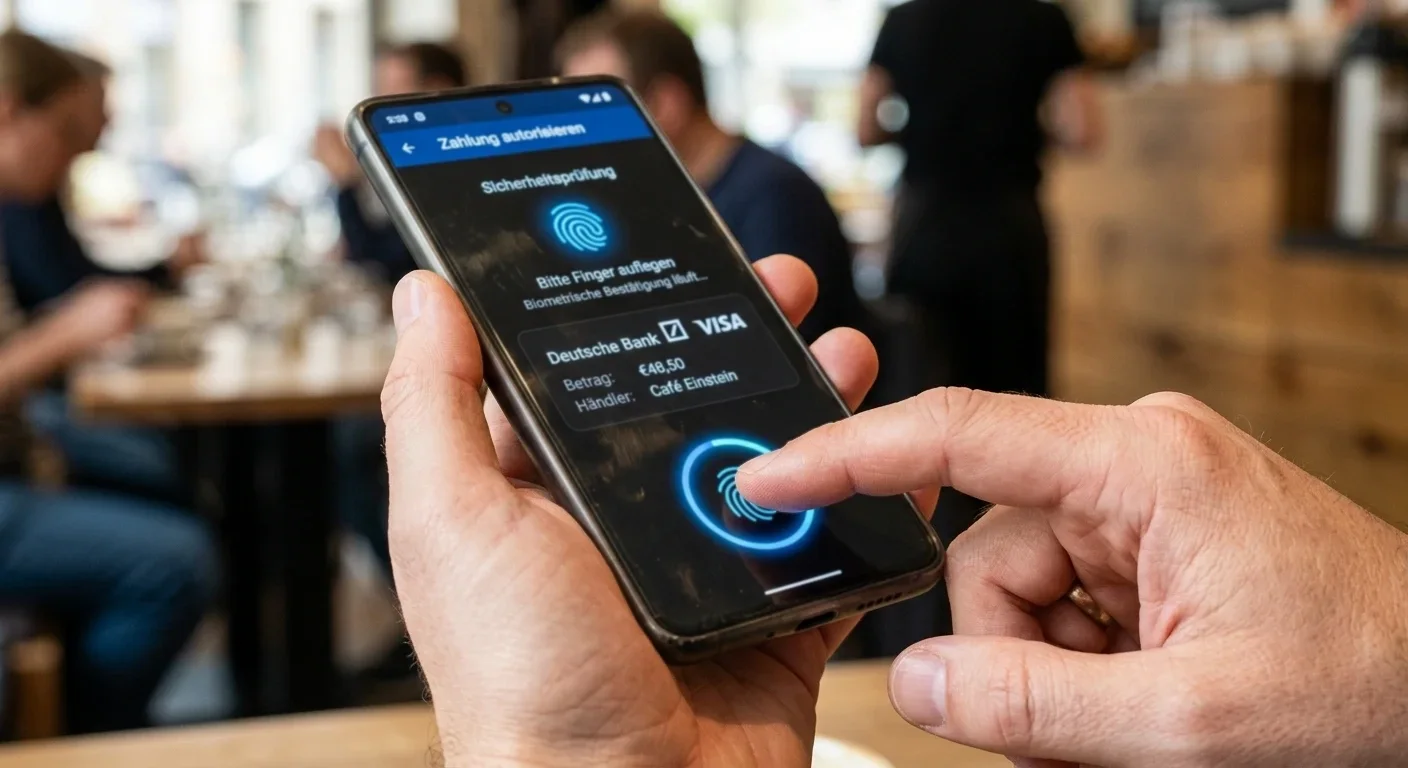 Nahaufnahme von Smartphone mit Fingerabdruck-Sensor bei Zahlungsautorisierung, blaue Sicherheitsindikatoren auf Display, Hände bei biometrischem Unlock