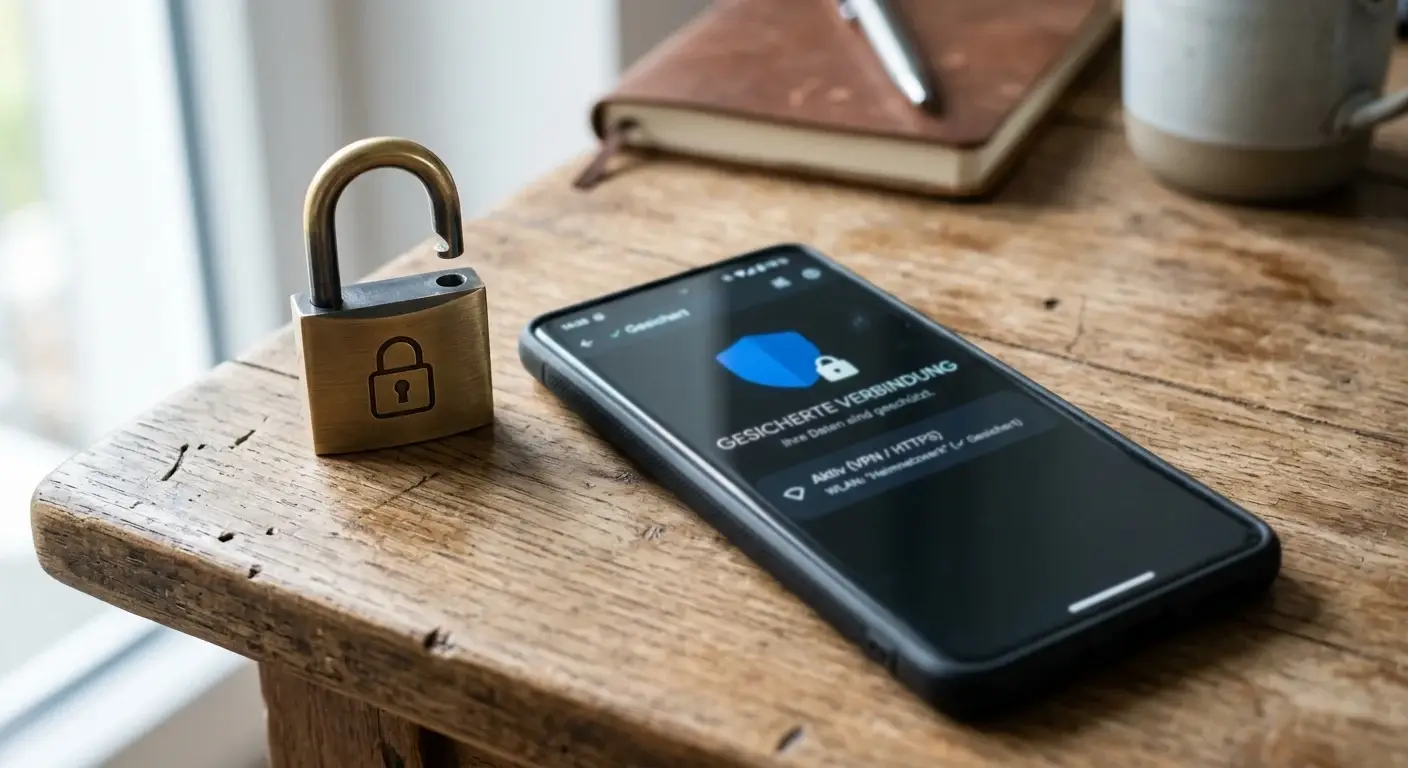 Schlosssymbol neben einem Smartphone mit gesicherter Verbindungsanzeige