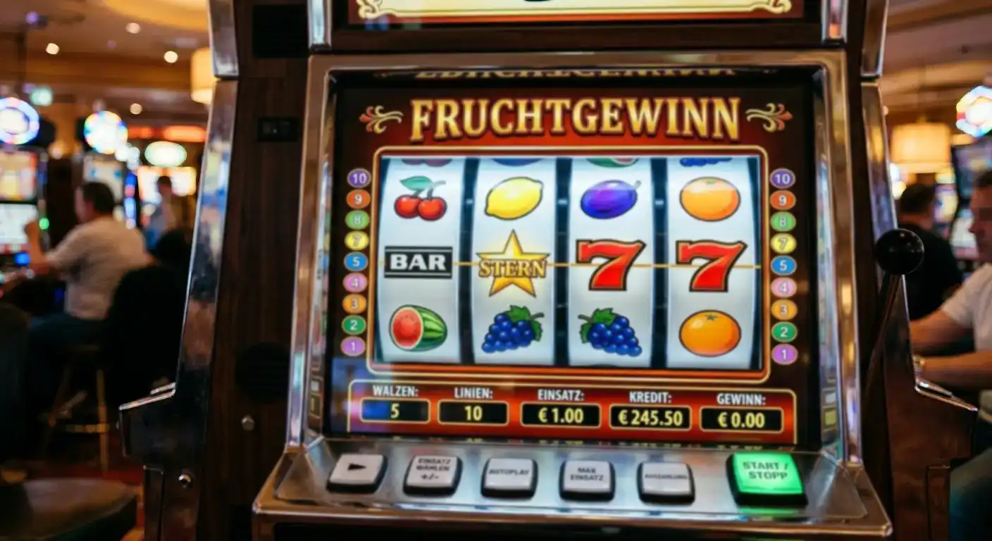 Klassischer Fruit-Spielautomat mit Früchten, roten Siebenen und Stern-Symbol auf fünf Walzen