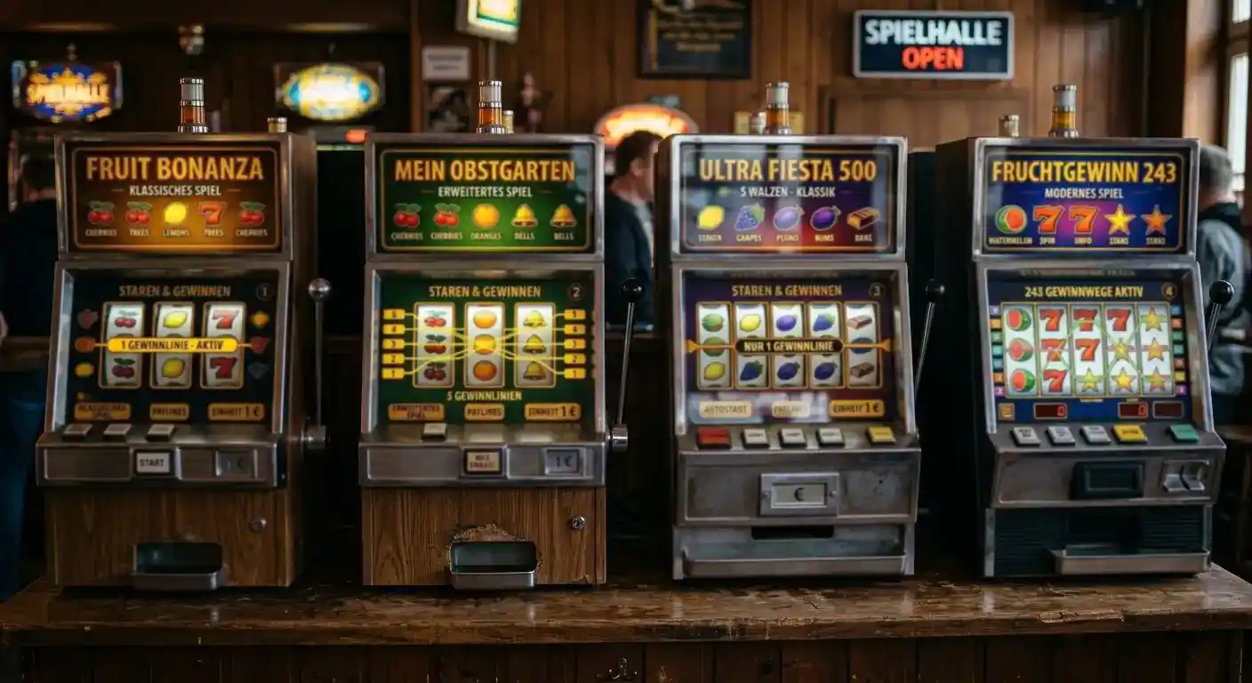 Vergleich vier klassischer Fruit-Spielautomat-Varianten mit unterschiedlicher Walzen- und Linienzahl