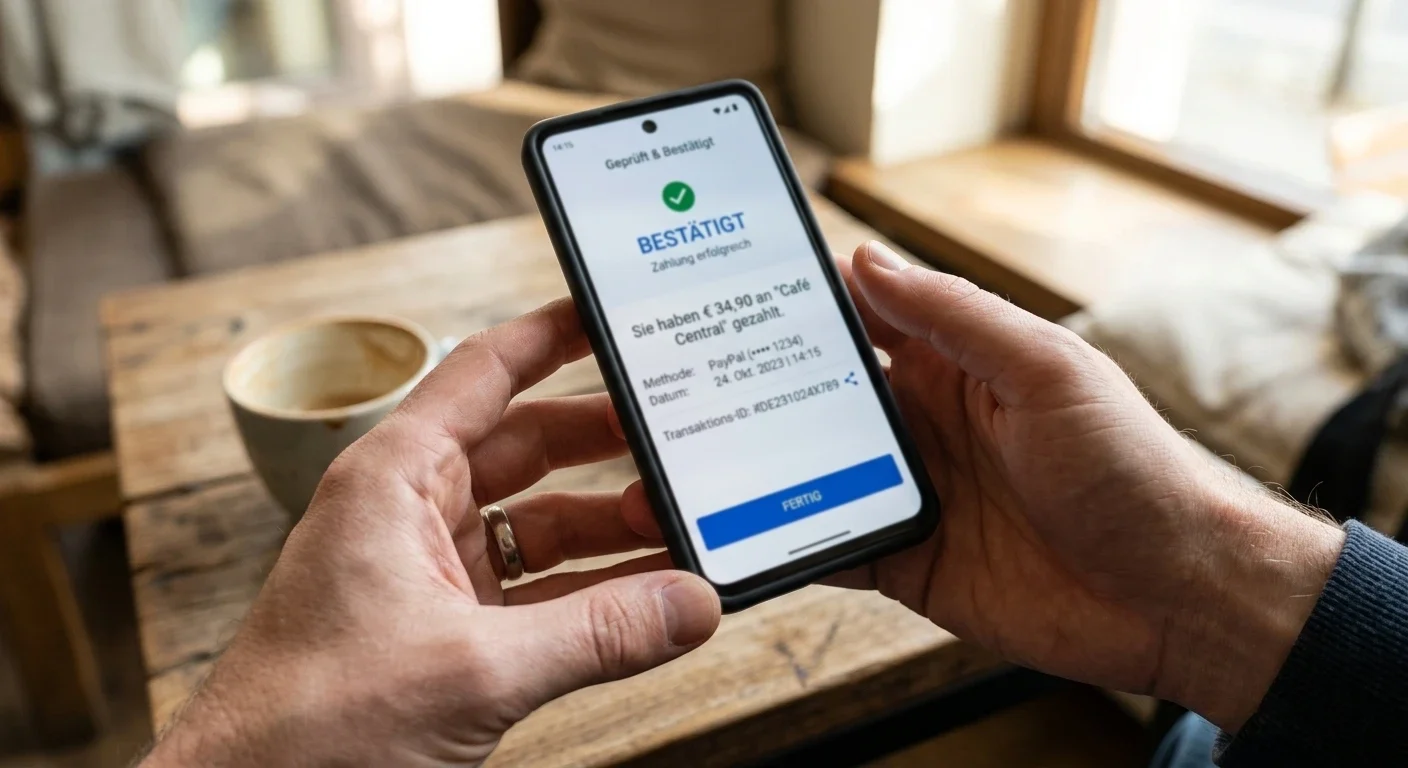 Hände halten ein Smartphone mit neutraler Wallet-Bestätigungsanzeige