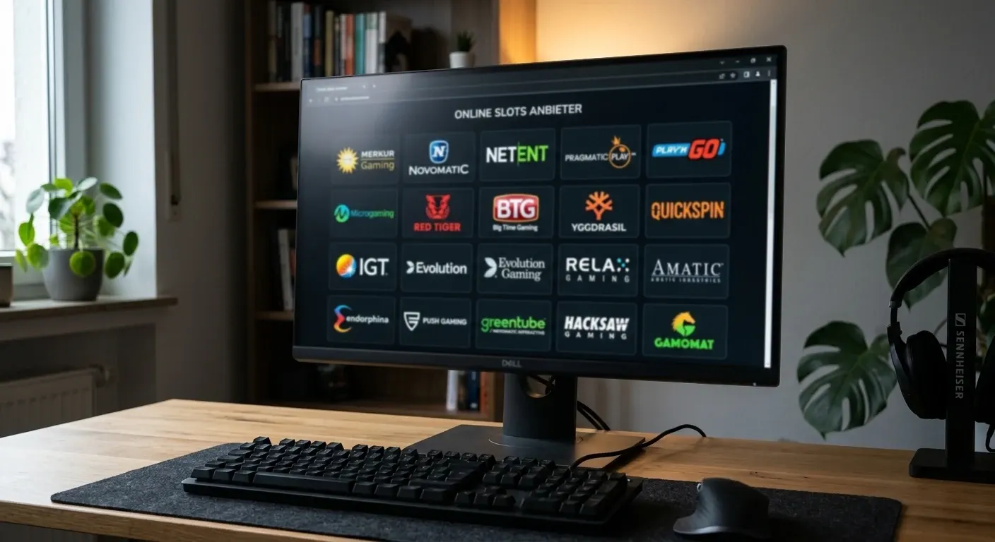 Logos verschiedener Spielautomaten-Anbieter auf Desktop-Monitor in neutraler Darstellung
