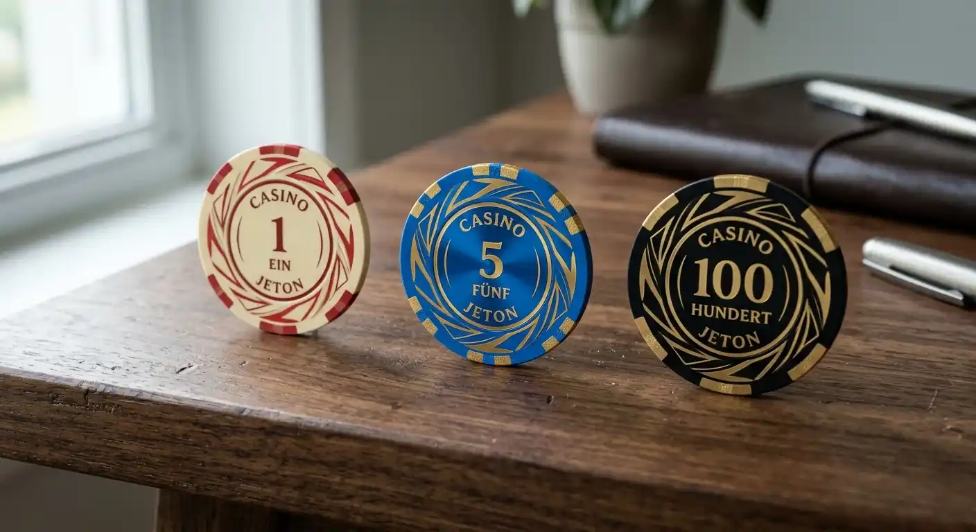 Drei abstrakte Casino-Chips in den Wertstufen 1, 5 und 100 auf einem hölzernen Schreibtisch